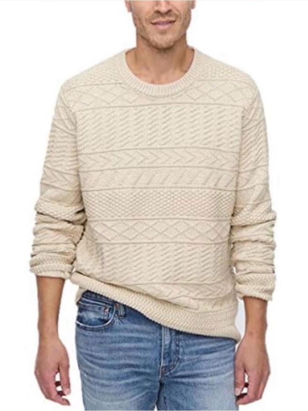 J CREW Cotton sweater in combination guernsey stitch Large beige fisherman cream